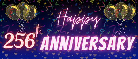 256th anniversary neon calligraphy text and number. Confetti and balloon isolated on elegant blue gradient background, sparkle, design for greeting card, print. Two hundred fifty six anniversaryの写真素材