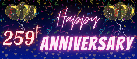 259th anniversary neon calligraphy text and number. Confetti and balloon isolated on elegant blue gradient background, sparkle, design for greeting card, print. Two hundred fifty nine anniversaryの写真素材