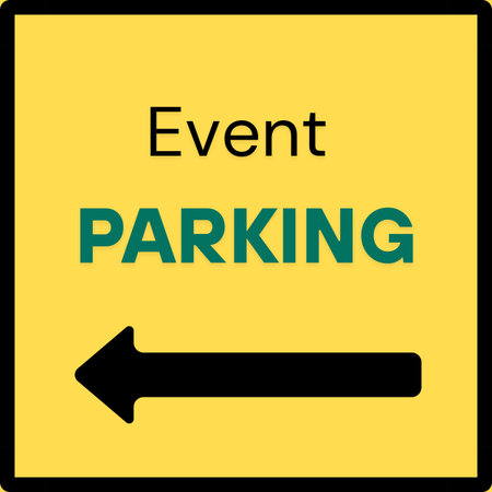 Event parking Sign board background. Yellow event parking Sign board with text and arrow sign. Left arrow Signの写真素材
