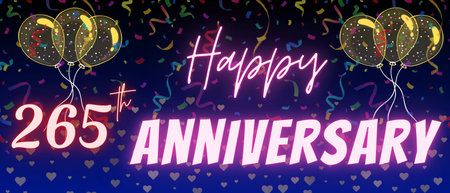 265th anniversary neon calligraphy text and number. Confetti and balloon isolated on elegant blue gradient background, sparkle, design for greeting card, print. Two hundred sixty five anniversaryの写真素材