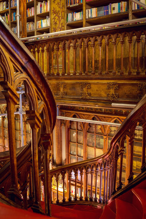 PORTO PORTUGAL - APRIL 28, 2016: Staircase at the Lello and Irmao bookstore, one of the oldest and most beautiful bookstore in the worldのeditorial素材