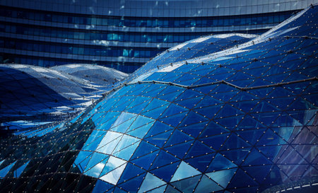 Blue roof in modern building made of glass and steel in Warsaw, Polandのeditorial素材