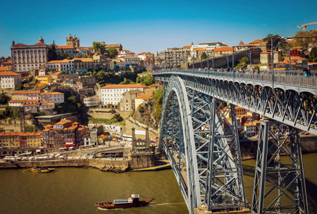 Dom Luis I Bridge and view of Porto old town, Portugal