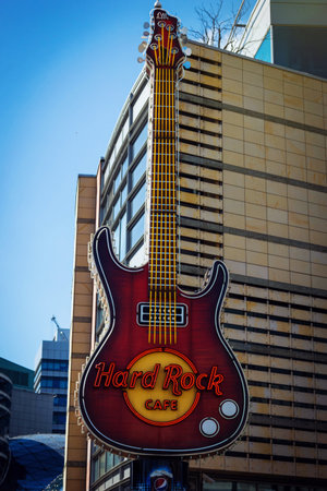 WARSAW POLAND - 21.04.2016: Guitar, the symbol of Hard Rock Cafe in Warsawのeditorial素材