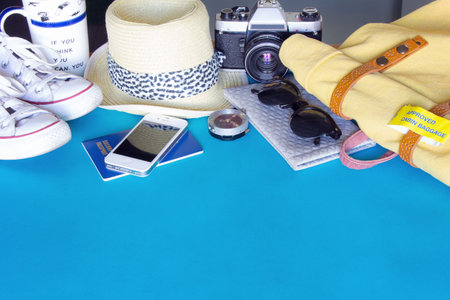 Different objects for traveling on blue backgroundの写真素材