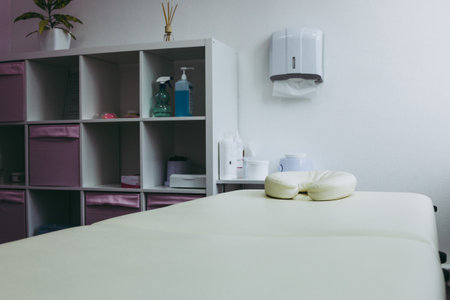 Rack at the beauty salon in white and pink colorsの写真素材