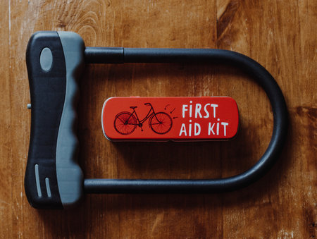 Bicycle U shaped lock and bicycle repair kit on wooden backgroundの写真素材