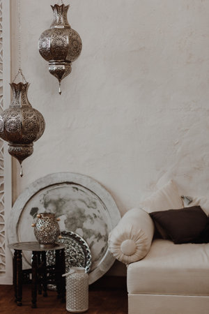 Eastern interior with decorative lamps and couchの写真素材