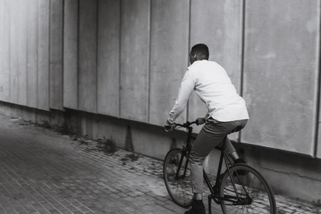 Mixed race hipster man riding bicycle. Black and white shot