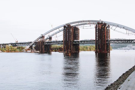 Kyiv, Ukraine - May 02,2017: View of the Podilsko-Voskresenskyi bridge in Kyiv which is underのeditorial素材