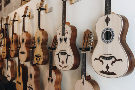 Rows of acoustic guitars on the wall in music storeの写真素材