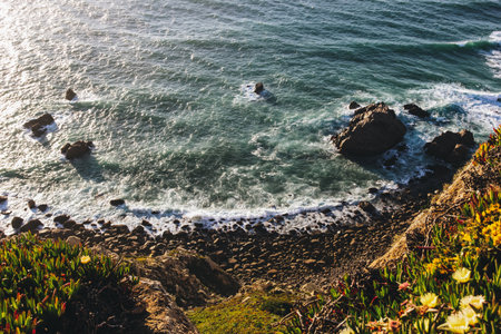 Panoramic view of the cliffs of Cabo da Roca at sunsetの写真素材
