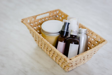 Cosmetic bottles and containers with blank label for branding mock-up on marble backgroundの写真素材