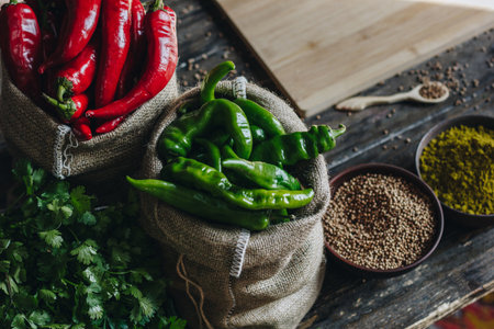 Parsley, spices, red and green hot peppers in linen bags on wooden tableの写真素材