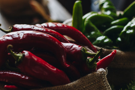 Red and green hot peppers in linen bags on wooden tableの写真素材