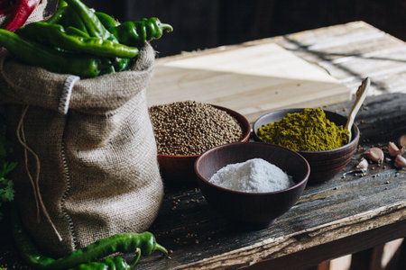 Spices, salt and coriander on wooden tableの写真素材
