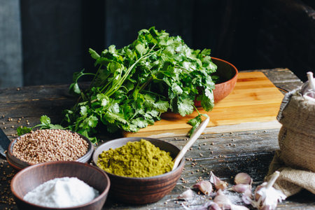 Different spices, fresh parsley and cilantro on wooden tableの写真素材