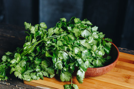 Fresh parsley and cilantro on wooden tableの写真素材
