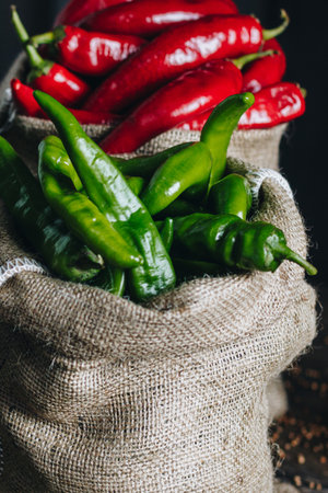 Red and green hot peppers in linen bags on wooden tableの写真素材