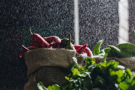Red and green hot peppers in linen bags with water dropsの写真素材