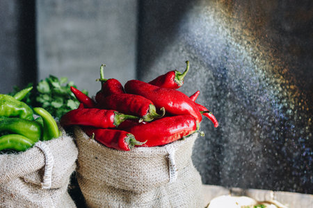 Red and green hot peppers in linen bags on wooden tableの写真素材