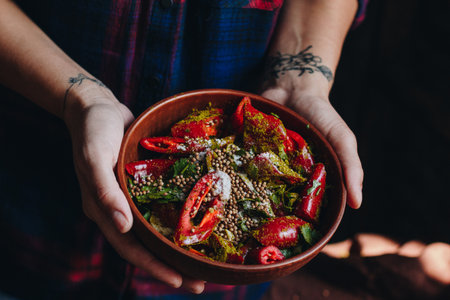 Woman holding a bowl with chopped red hot chili peppers and spicesの写真素材