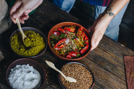 Woman pouring spices into the bowl with red hot chili peppersの写真素材