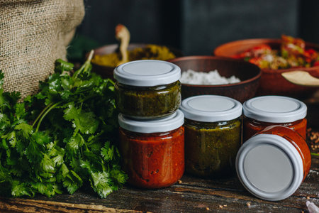 Sauce in a glass jars and ingredients on wooden tableの写真素材