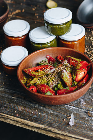 Sauce in a glass jars and ingredients on wooden tableの写真素材