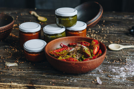 Sauce in a glass jars and ingredients on wooden table
