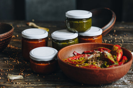 Sauce in a glass jars and ingredients on wooden tableの写真素材