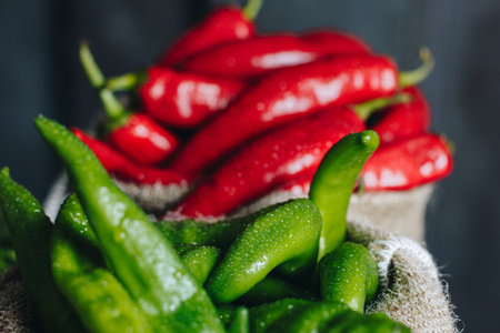 Red and green hot peppers with water drops in linen bagsの写真素材