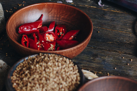 Chopped red hot chili peppers in a bowlの写真素材