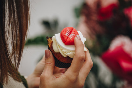 Woman hand holding cupcakeの写真素材