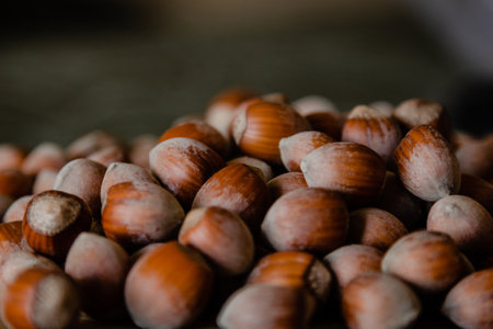 A bunch of hazelnuts on wooden table