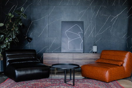 Black and brown leather couch in the modern living roomの写真素材