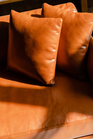 Brown leather couch and pillowsの写真素材
