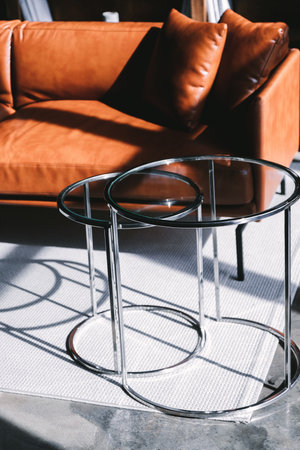 Coffee table and brown leather couch in the modern living room