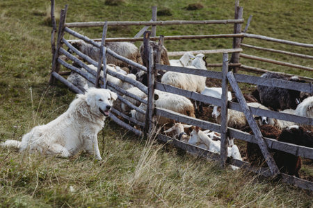 White shepherd dog and flock of sheep and goats in The Carpathians, Ukraine