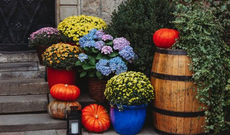 Autumn decoration with pumpkins and flowers at flower shop on a street in a European cityの写真素材