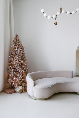 Modern light interior with couch and christmas treeの写真素材