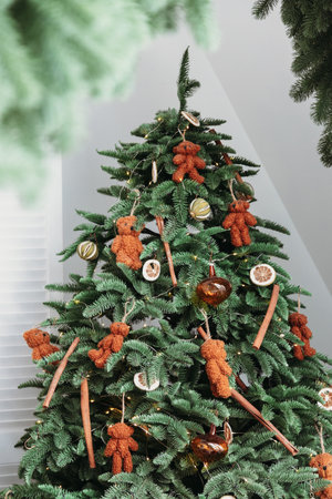 Christmas background with decorated modern Christmas treeの写真素材