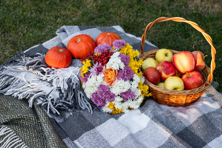 Cozy composition of autumn picnic in the park. Rustic decor with ripe red apples, pumpkins, plaid and flowersの写真素材