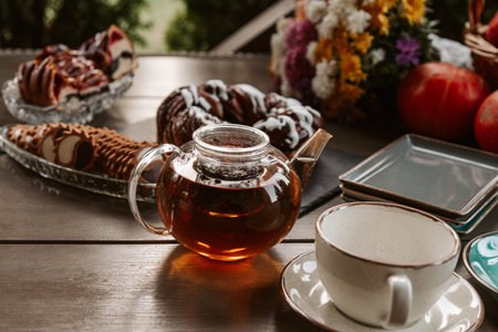 Autumn tea concept. Black tea in a glass teapot on wooden table with fall decorの写真素材