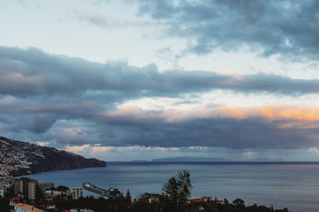 Cityscape of Funchal city and the Atlantic ocean, Madeira, Portugalの写真素材