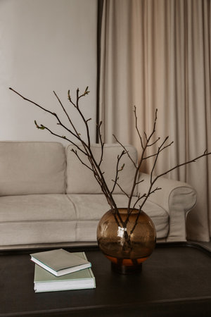 Beige interior of living room with dried branches in glass vase, books on a coffee table and couch in stylish home decorの写真素材