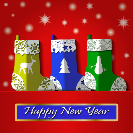 Happy New Year card with paper bootsのイラスト素材