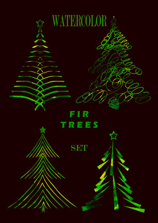 Watercolor fir tree setのイラスト素材
