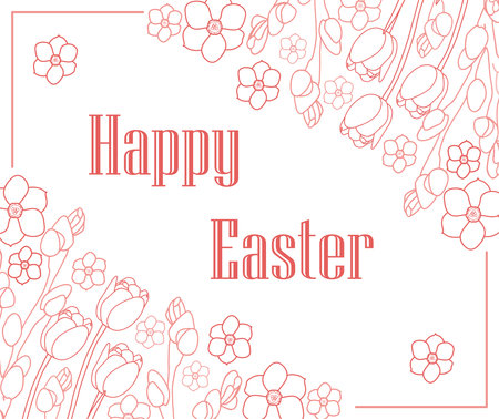 Easter gift card with linear tulips, narcissus and rowan. Linear Easter Greeting card with spring flowers and willow.のイラスト素材
