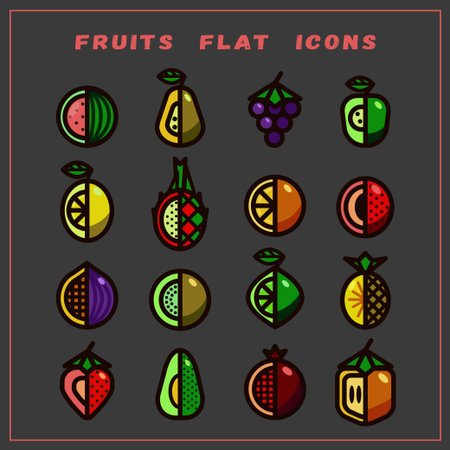 Vector flat icon set with tropical fruits. Icons that represent exotic fruits, orange, apple, pineapple, lemon, lime, pear, watermelon, grape, lychee, avocado, kiwi, fig, strawberry, pomegranate, persimmonのイラスト素材